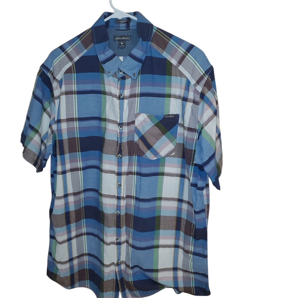 Eddie Bauer Blue Plaid Short-Sleeve Button-Down Shirt Size Xl
